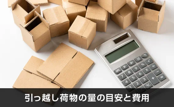 写真:引っ越し荷物の量の目安と費用。手のひらサイズのダンボールと電卓が写っている写真。