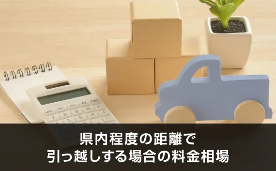 写真：県内程度の距離で引っ越しする場合の料金相場。電卓とトラックのオブジェが置いてある机の写真。