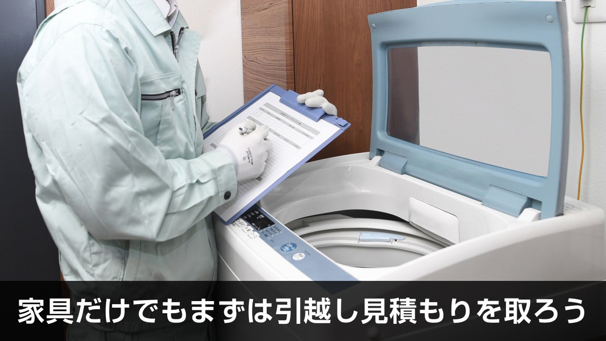 洗濯機の前でバインダーを片手に見積もりをしている業者