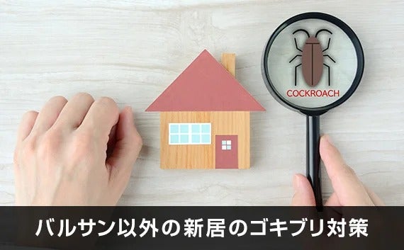 写真：家の模型と虫眼鏡で覗かれたイラスト調のゴキブリ。