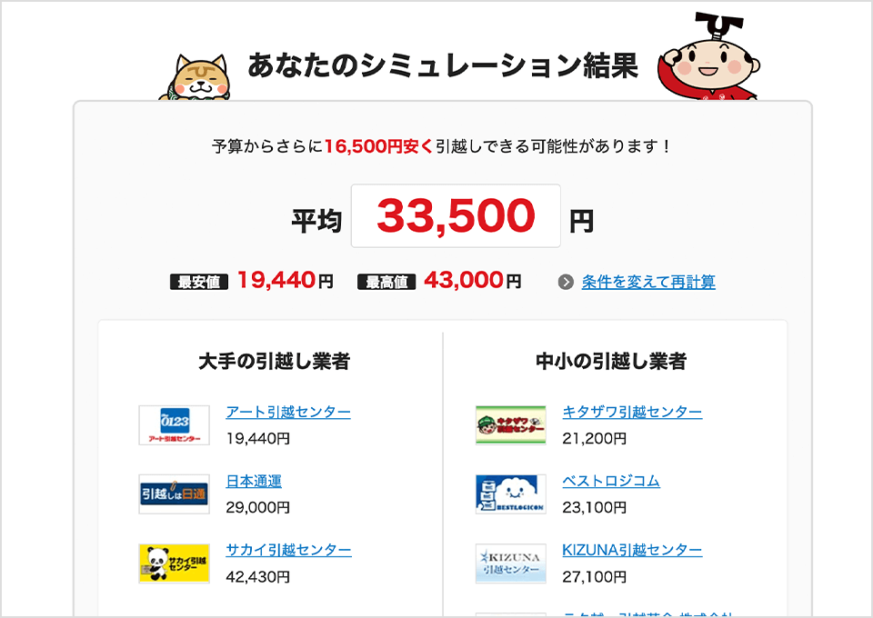 スクリーンショット：引っ越し見積もりシミュレーションでの結果例