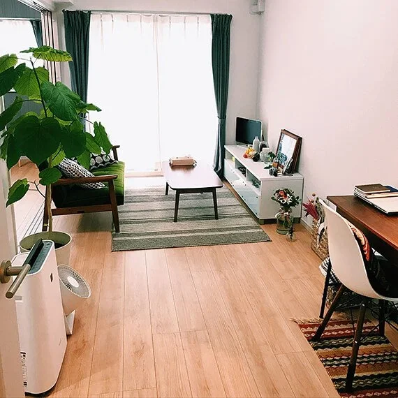 写真：リビングスペースにラグを敷くことで、視覚的に部屋を区切っている写真。