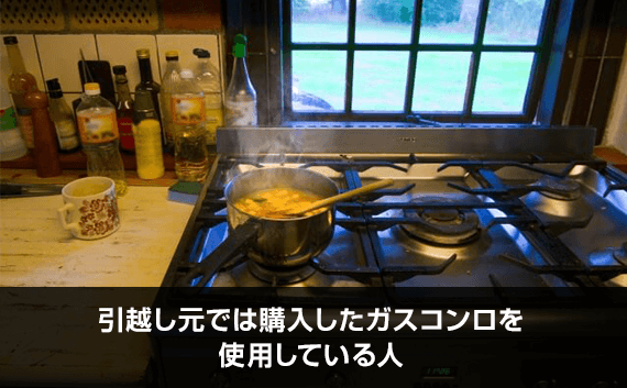 写真：引越し元では購入したガスコンロを使用している人。ガスコンロで料理している写真。