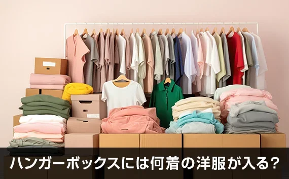 写真：ハンガーボックスには何着の洋服が入る？。大量の洋服とダンボールが写っている写真。