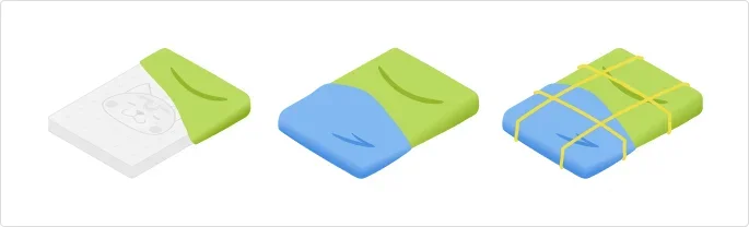 イラスト：マットレスを使わなくなった毛布でくるんでいるイメージのイラスト