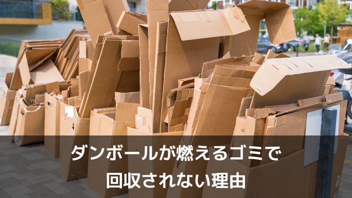 写真:ダンボールが燃えるゴミで回収されない理由。建物の外にリサイクル待ちの段ボール箱が山積みになっている。