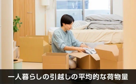 写真：一人暮らしの引越しの平均的な荷物量。段ボールに服をしまっている男性。