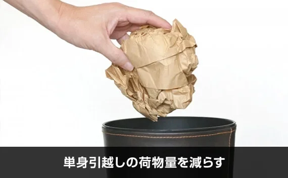 写真：単身引越しの荷物量を減らす。ガムテープのゴミを捨てる様子の写真。