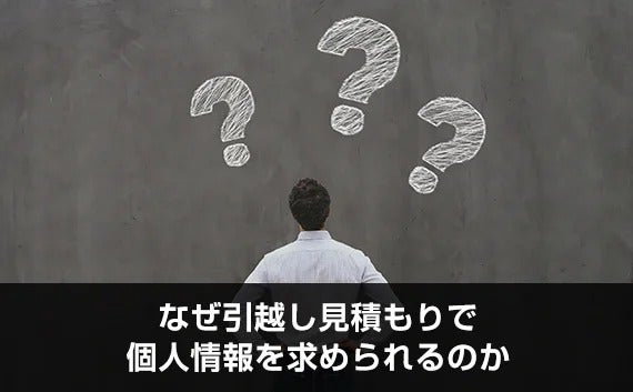 写真：なぜ引越し見積もりで個人情報を求められるのか。男性とハテナ。