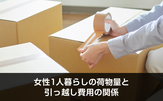写真：女性1人暮らしの荷物量と引っ越し費用の関係。ダンボールにガムテープを貼る写真。