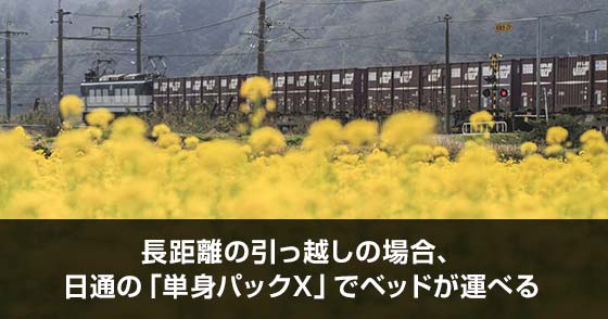 写真：長距離の引っ越しの場合、日通の「単身パックX」でベッドが運べる。コンテナと花畑が写っている写真。